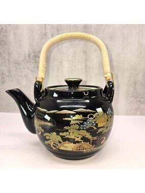 Otagiri Teapot Vintage Japanese Black Ceramic Bamboo Handle Gold Trim VL5115